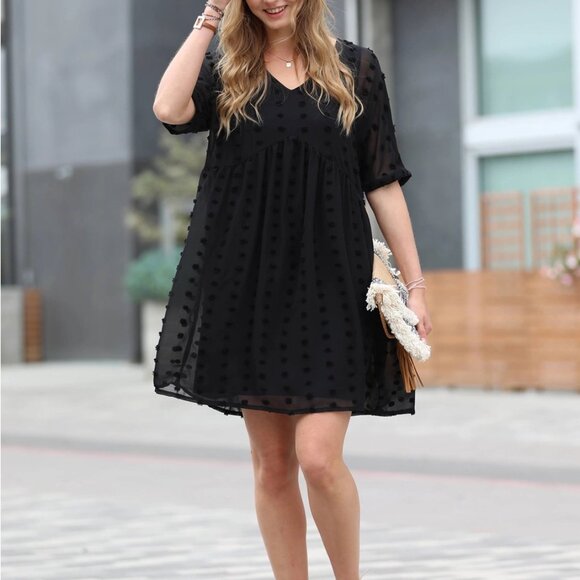 FUCHSIA Swiss Dot Babydoll 3/4 Sleeve Scoop Neck Mini Sundress w/ Li… - Picture 4 of 6